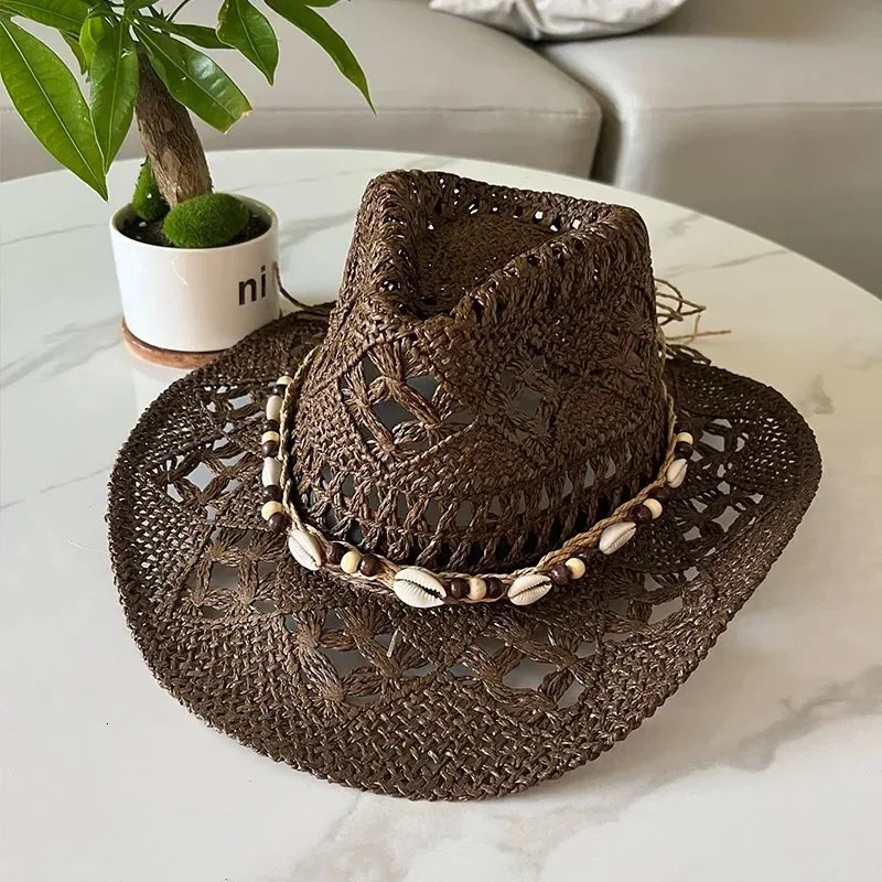 Vintage Summer Beach Bohemian Straw Hat Shell Women Men Western Cowboy Hats Wooden Beads Hollow Out Sun Hat Holiday Cap 260228
