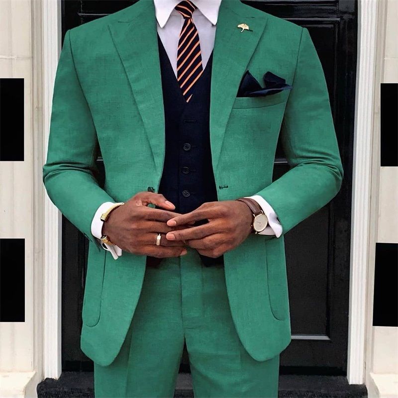 2 Pieces Green Suits Cotton Groom Tuxedos Lapel Modern Formal Men Coat+Pant Custom Made Party Suit Cheap