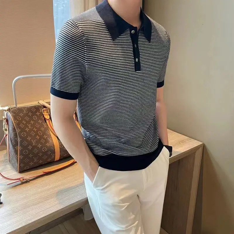 Summer Fashion Smart Casual Trendy Ice Silk Knit Polo Shirt Mens Panelled Stripe Lapel Button Versatile Short Sleeved Top 260304