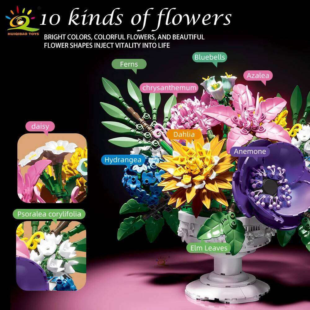 HUIQIBAO 1081+PCS MOC Flower Bouquet Model Building Block Potted Series Brick Construction Toy For Children Desk Home Decoration Z260306