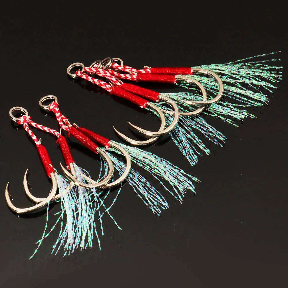 Cast Jig Assist Hook 10PCS/Lot High Carbon Steel Angle Barbed Thread Feather Lake Fishing Tackle Slow Jigging Sea Pesca Fishhook S260305