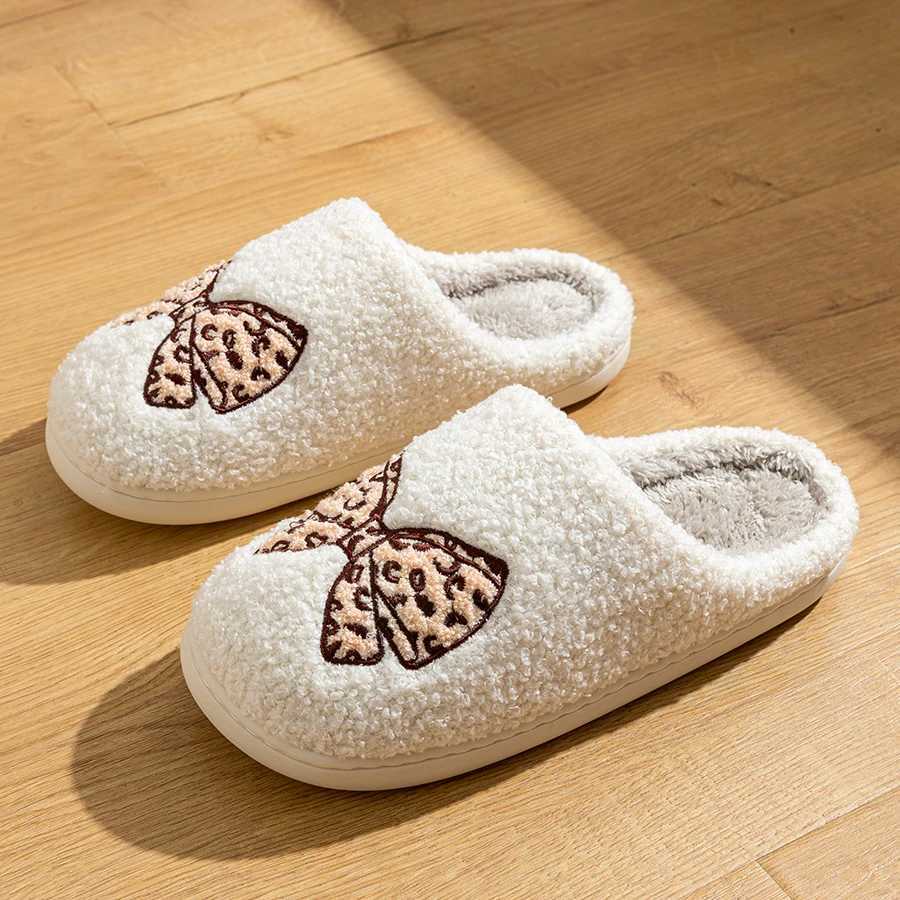 Womens Bow Slippers Warm Pattern Winter Indoor Soft Sole Home Cute Classic Embroidered Comfy casual Fuzzy Bedroom Girls Shoes S260305