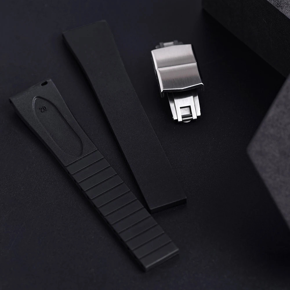 CTS FKM Rubber Watch Strap 16mm 18mm 19mm 20mm 21mm 22mm FKM CTS Watchband Quick Release Butterfly Silver Buckle Cut-To-Size 260304