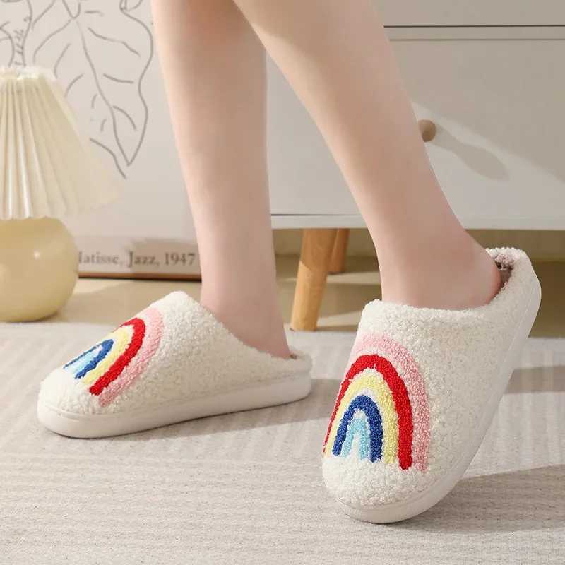 Women Rainbow Slippers Men Retro Preppy Slippers Winter Warm Plush House Fluffy Living Room Shoes Female New Christmas Gifts S260305