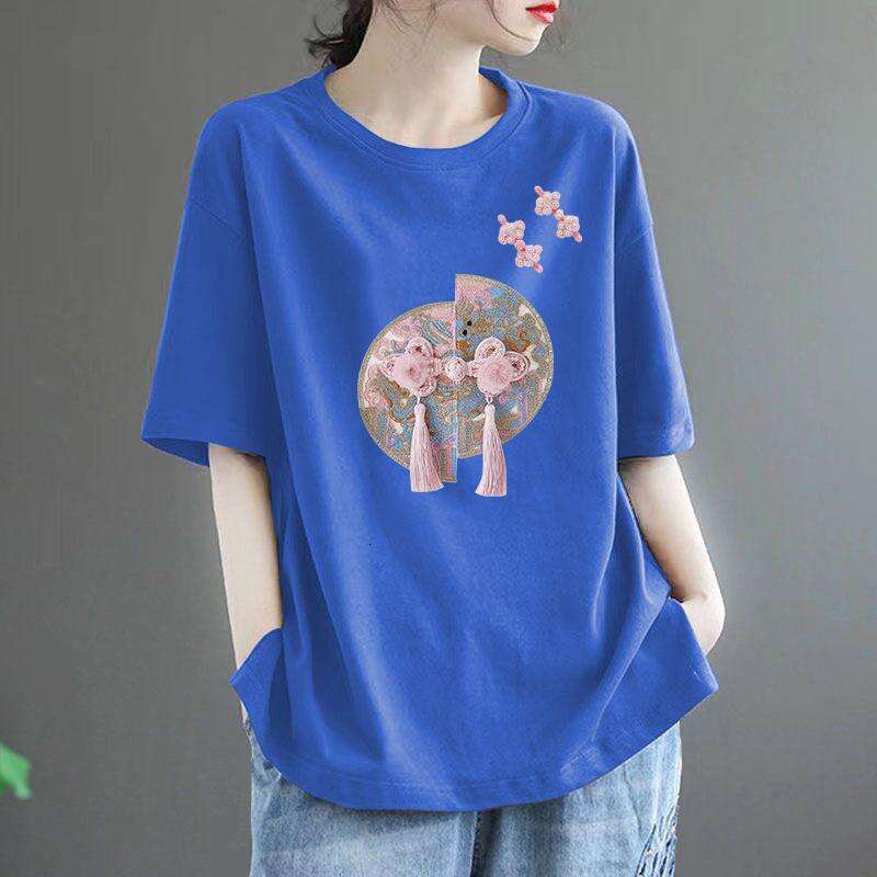 100% pure cotton elegant and fashionable Harajuku slim fit women's loose casual top women's solid color V-neck cotton short sleeved shirt