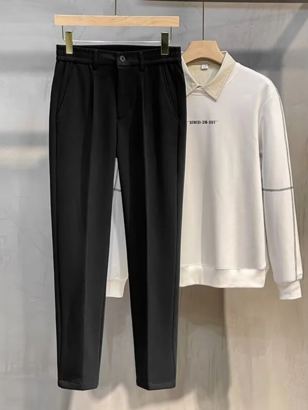Mens Woolen Casual Pants Autumn Winter Thiened Straight Leg Slim Fit Long Trousers Korean Faion Nine Points Pants 260304