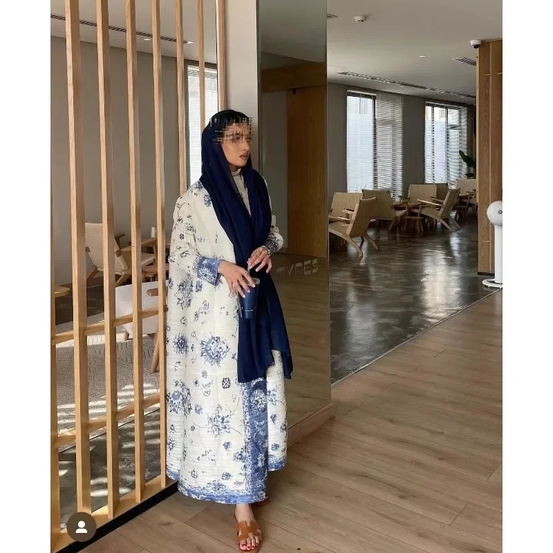 Fashion Saudi Womens Long Gown White Premium Printed Temperament Elegant Pleated Abaya Casual Peplum Holiday Dress Jacket 260228