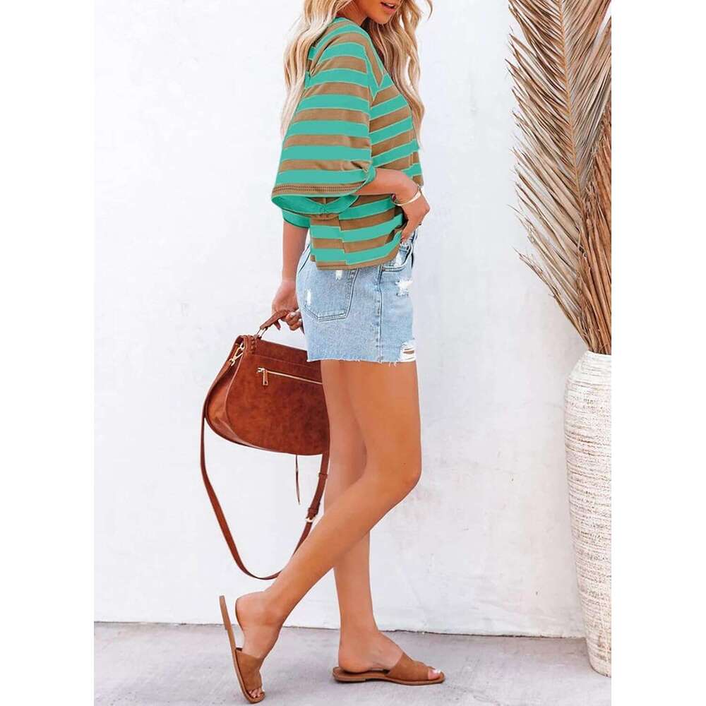 Tops Designer Striped 2026 Fashion T Shirts for Women Color Block Crewneck Design Loose Basic Tee