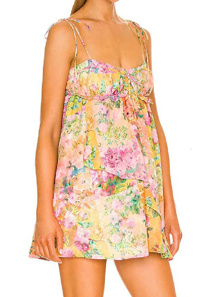 BOHO Bow Ruched Bra Corset Style Flower Print Spaghetti Strap Mini Dress Women Backless Skater Lacing up Sling Robe Holiday X260306
