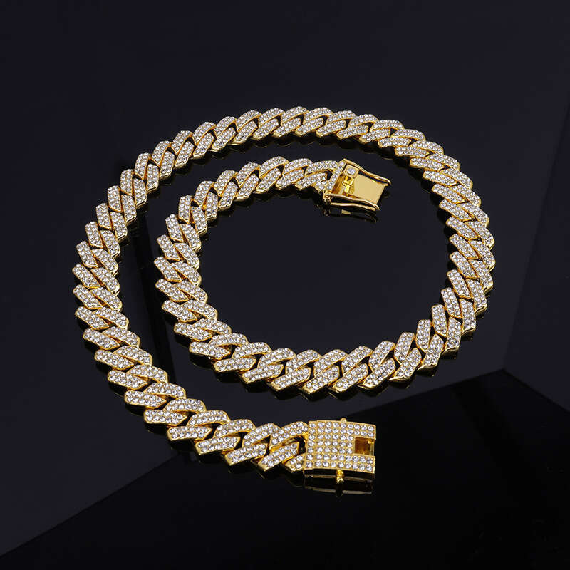 Source Manufacturer High-Quality Zinc Alloy 14MM Diamond Cuban Chain Necklace Bracelet Hip-Hop Unisex Jewelry Wholesale