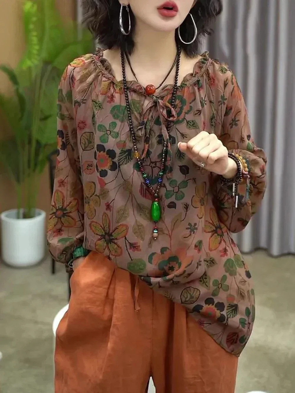 Womens Cotton and Linen Clothing Sets Female Floral Long Sleeve Tops and Loose Pants Female 2PCS Outfits Plus Size 260304