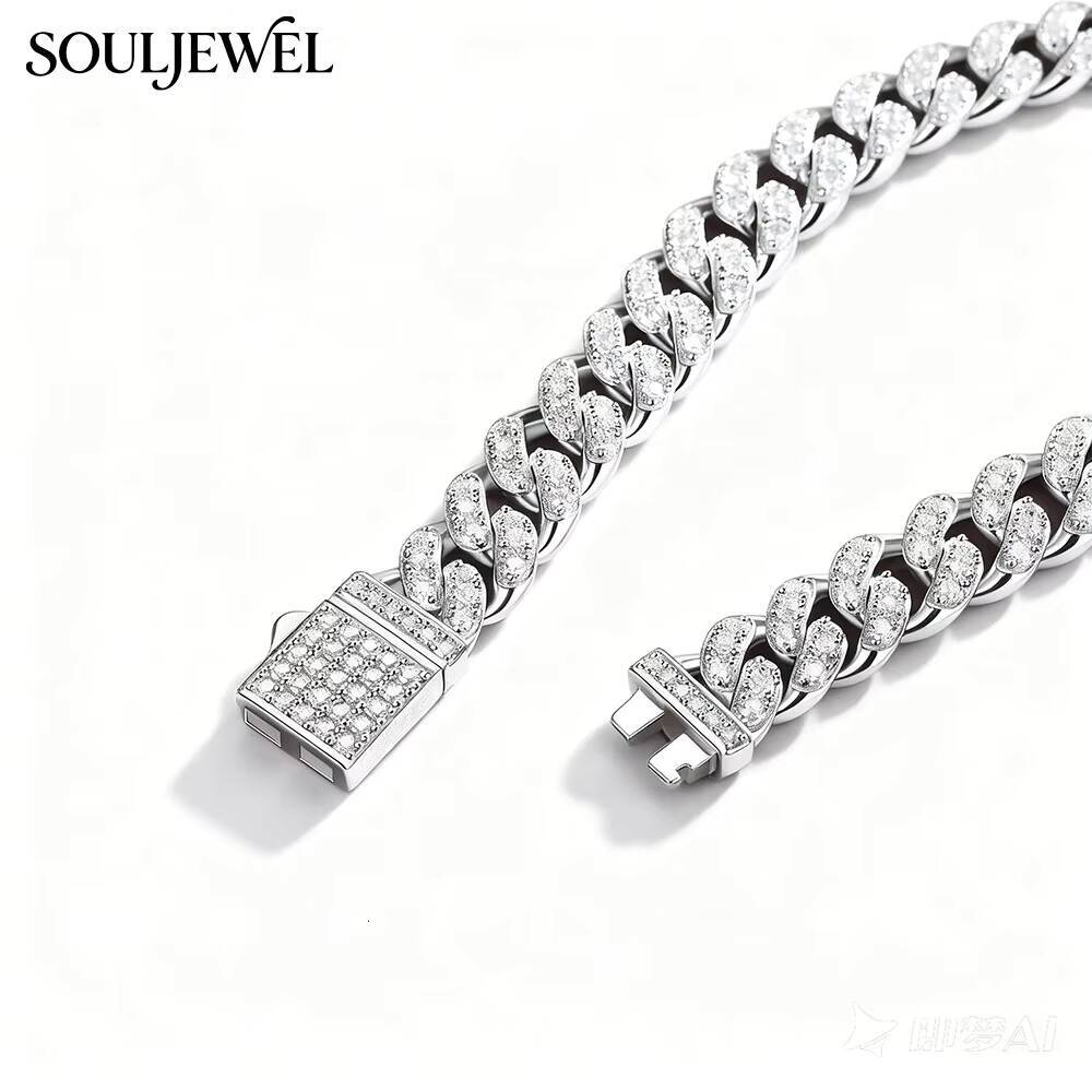 Moissanite Cuban Bracelet Sterling Silver Claw Setting Rhodium Plated Chain Link Design Hip Hop Style Unisex Everyday Wear