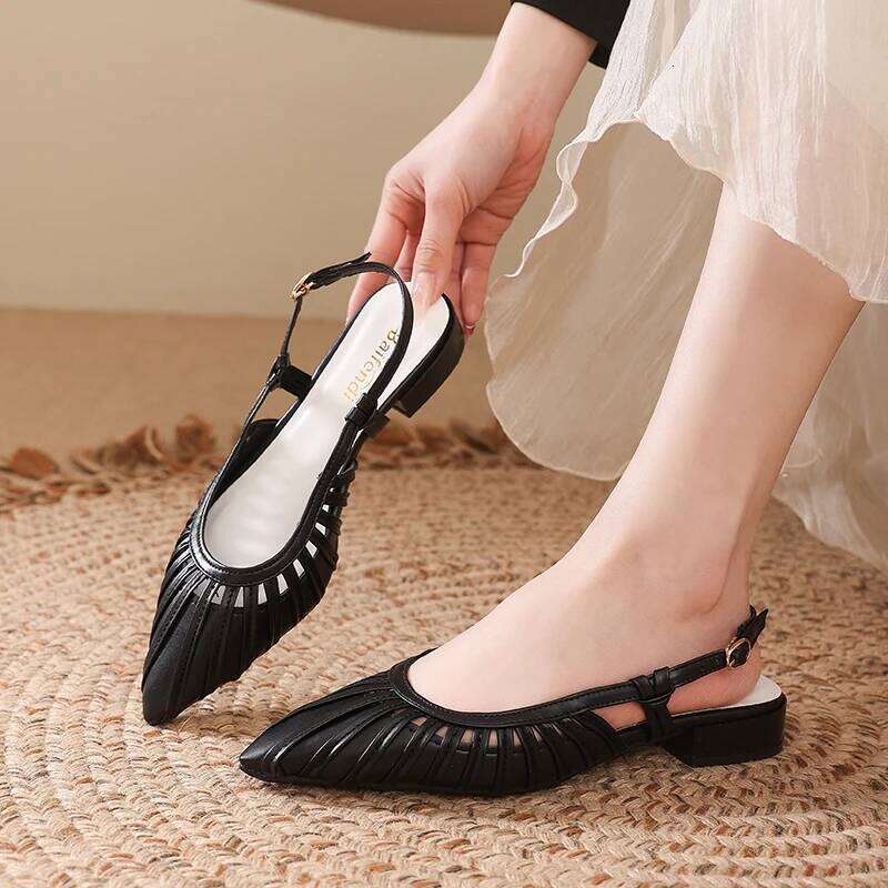Women Summer Slingback Low Heels Pointed Toe Pleated Cutout Comfortable Elegant Dress Shoes for Casual Formal Daily Party Office