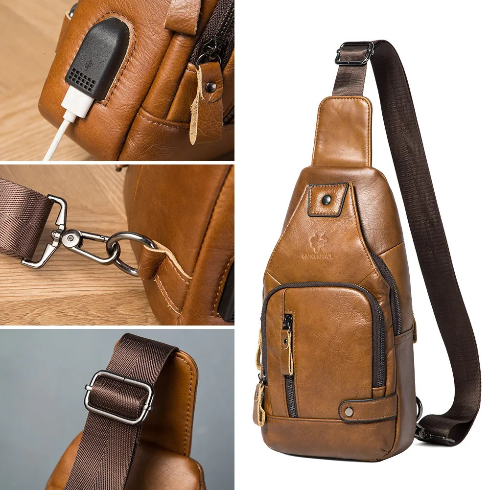 HUMERPAUL Mens Usb Chest Bag 100 Genuine Leather Crossbody Shoulder Bags Multifunction Travel Outdoor Messenger Pack Fashion 260305