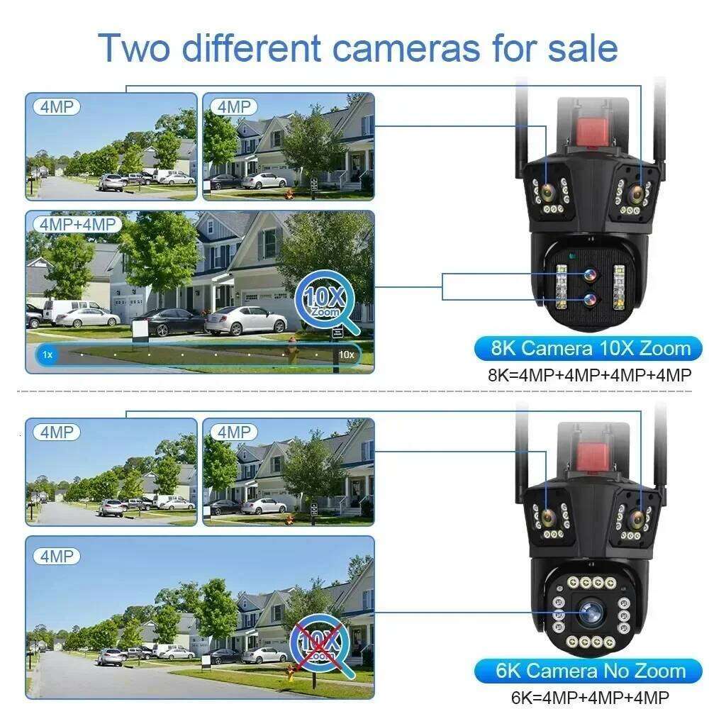8K WIFI IP 16MP HD Outdoor 10X Optical Zoom Automatic Tracking PTZ Four Lens Three Screen Waterproof Security Camera CCTV 26W0306