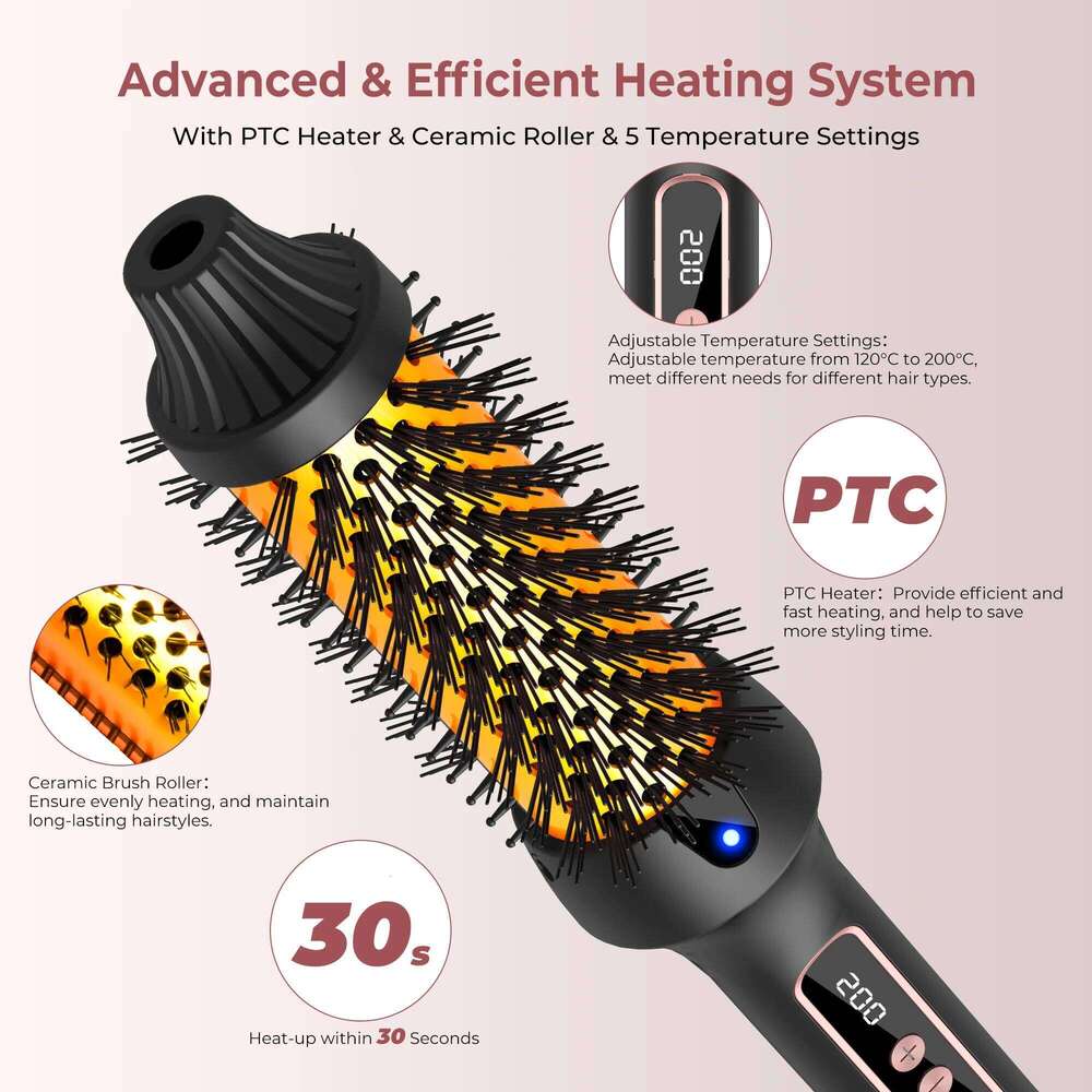 1.5 Inch Thermal Create Loose & Volume Curls Heated Iron Brush 9 Heat Settings Ionic Hair Curler Curling Comb 26Y0305