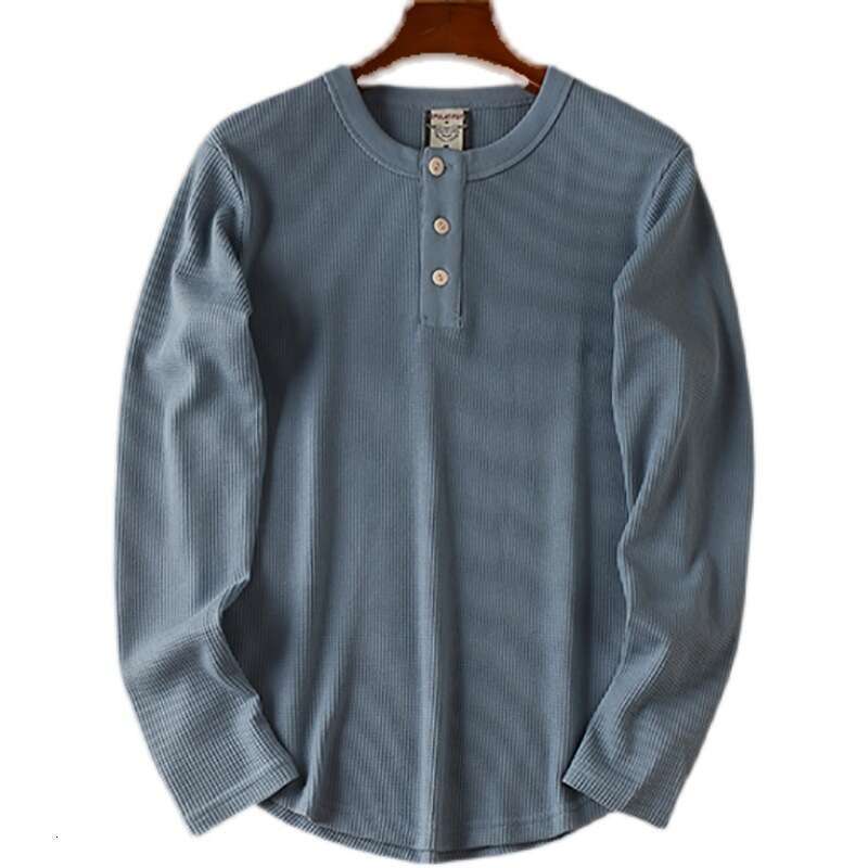 European and American Tough Guy Henry V-Neck Live Streaming One-Piece Dropshipping Men's All-Cotton Waffle Long-Sleeve T-Shirt Base Shirt Cotton 