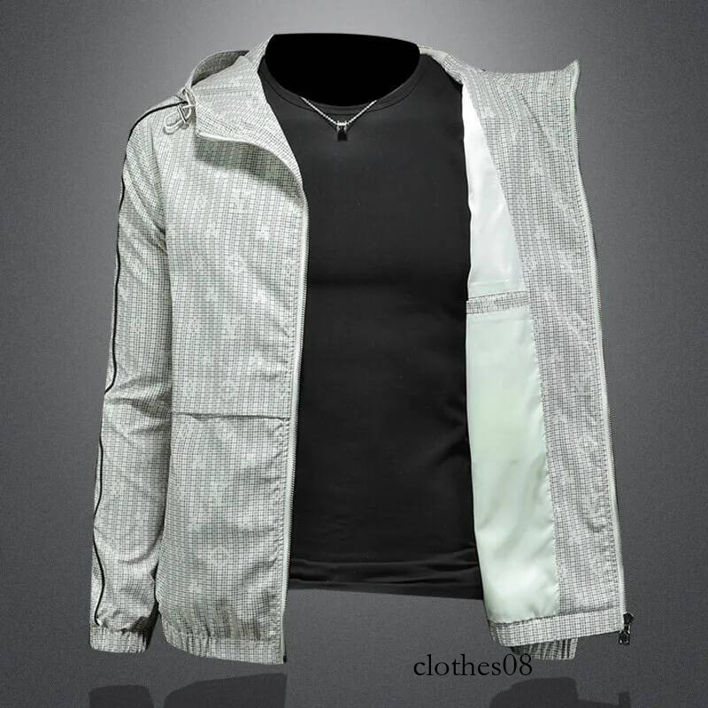 Spring 2026 Men's Large Size Printed Hooded Jaet Thin Outerwear Casual Faion Polyester Long Sve Zipper Closure Streetwear