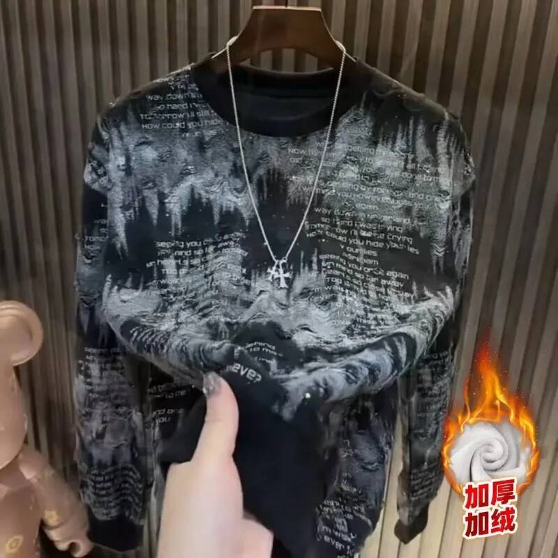 Style Autumn Winter Velvet Sweatshirt Men's Baby's Breath Hot Diamond Top Round Neck Long-sleeved T-shirt Bottoming Shirt