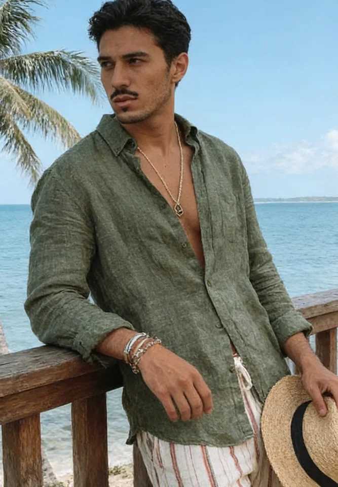 Mens new mens long sleeve buttoned cotton linen shirt lapel cardigan M260305