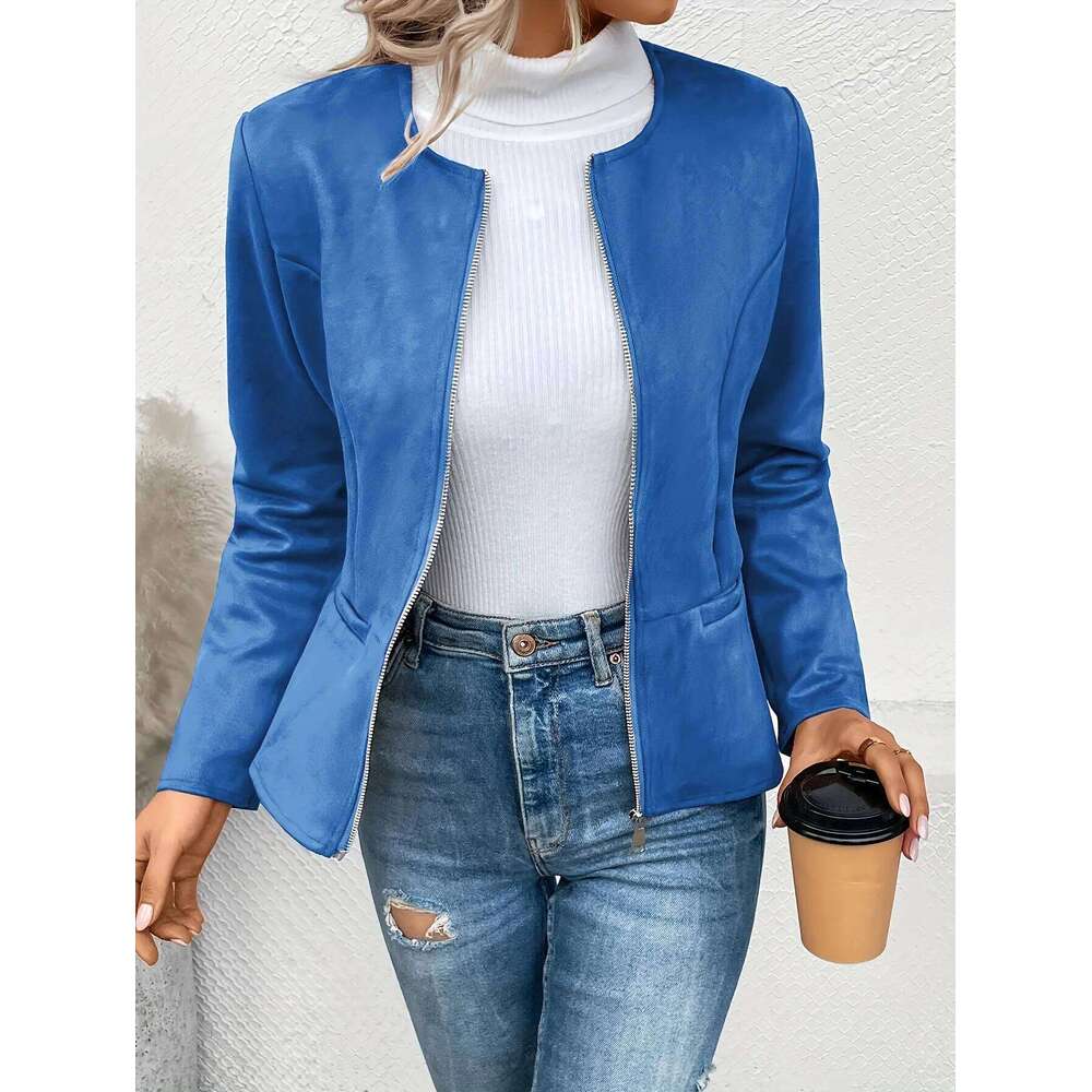 Women's Fashion Round Neck Slim Fit Top Long sleeved Access Control Zipper Cardigan Short Jacket