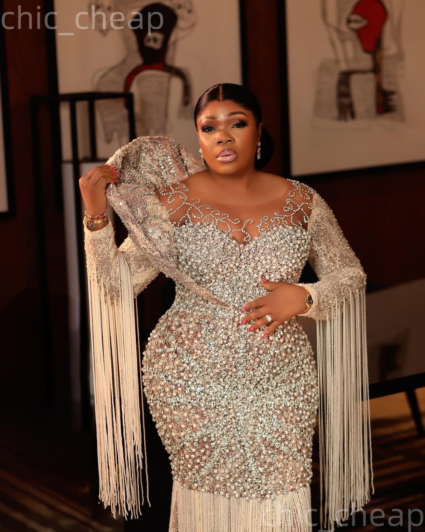 Aso Ebi Champagne Prom Dress 2026 Mermaid Prom Dress Pearls Crystals Tassels Evening Dresses For Black Women Birthday Party Formal Receiption Gowns Dr