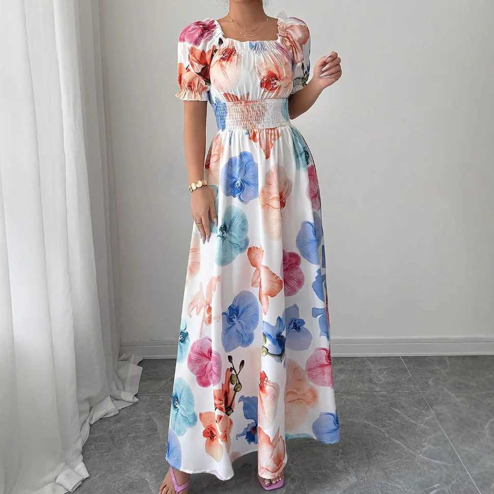 Summer Womens Dress High Waist Pastoral Fashion One-line Collar Puff Sleeves Flower Print Holiday Beach Date Female Long Dress X260306