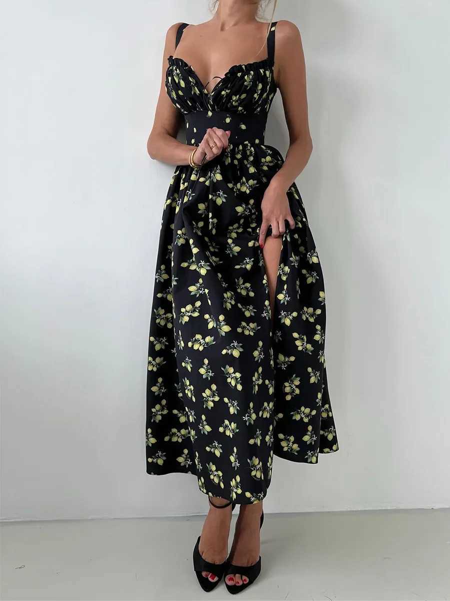 Wolfeel 2025 Summer New Fashion Print Cami Dress Women High Waist Slit Maxi Dress Elegant Vacation Long Dress X260306