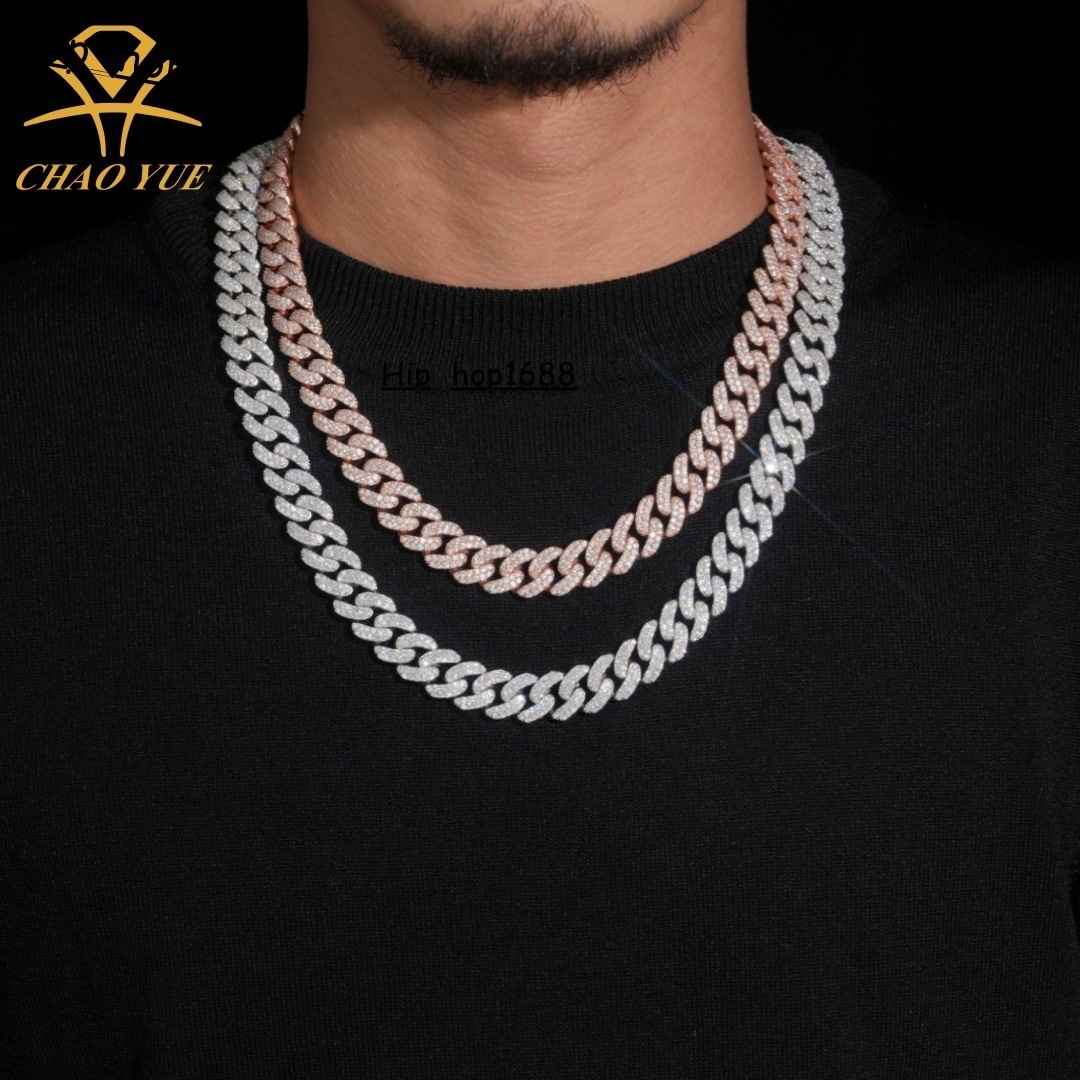 13mm - Two-row stone crescent design Cuban necklace 925 silver inlaid with VVS moissanite trendy and luxurious Cuban necklace
