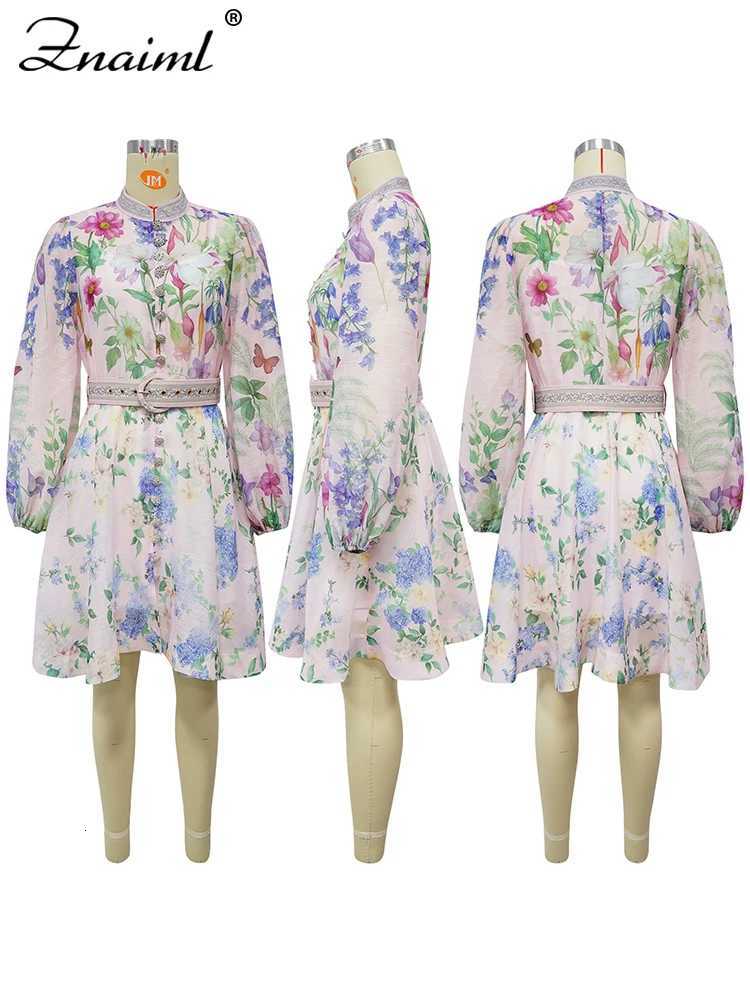 Znaiml Elegant Flower Printed Stand Collar Lantern Sleeve A-Line Mini Dress with Sashes Boho Style Birthday Party Club Vestidos X260306