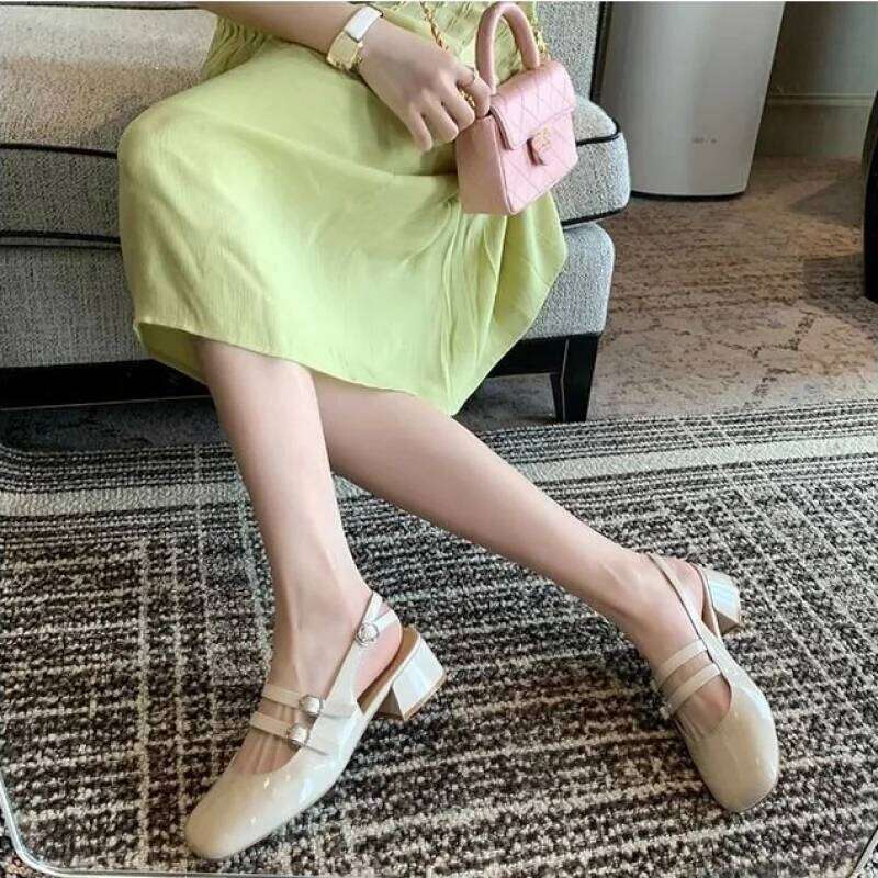 French Vintage Double Buckle Strap BackOpen Summer New Fashionable VintageLarge Heel Mary Jane single ShoesWomen's Rubber Upper