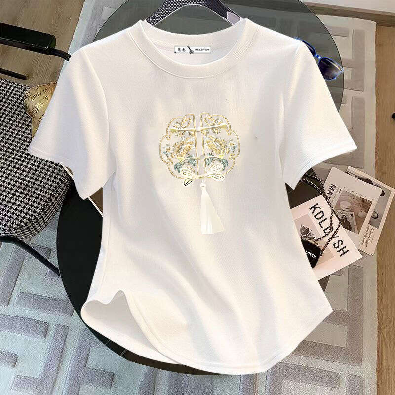 New Chinese Lightweight Embroidered Button Design short Women's Summer T-irt White Faionable Slim Fit round neck top Leisure multifunctional T-sl