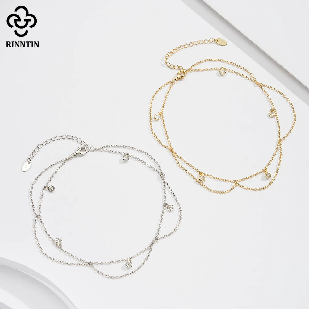 Rinntin 925 Sterling Silver Dangle Shiny CZ Anklet for Women Summer Foot Chain Bracelet Fashion Ankle Straps Jewelry SA72 260304