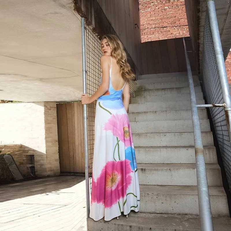 Womens Summer Floreal Print Sleeveless Long Dresses Sexy Backless Spaghetti Strap Vestidos Skinny Holiday Party Maxi Dresses X260306