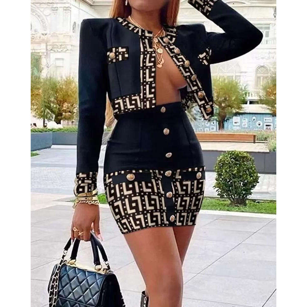 Women's Mini Skirt Set Spring Long Sleeve Button Tight Dress with Coat High Street Style