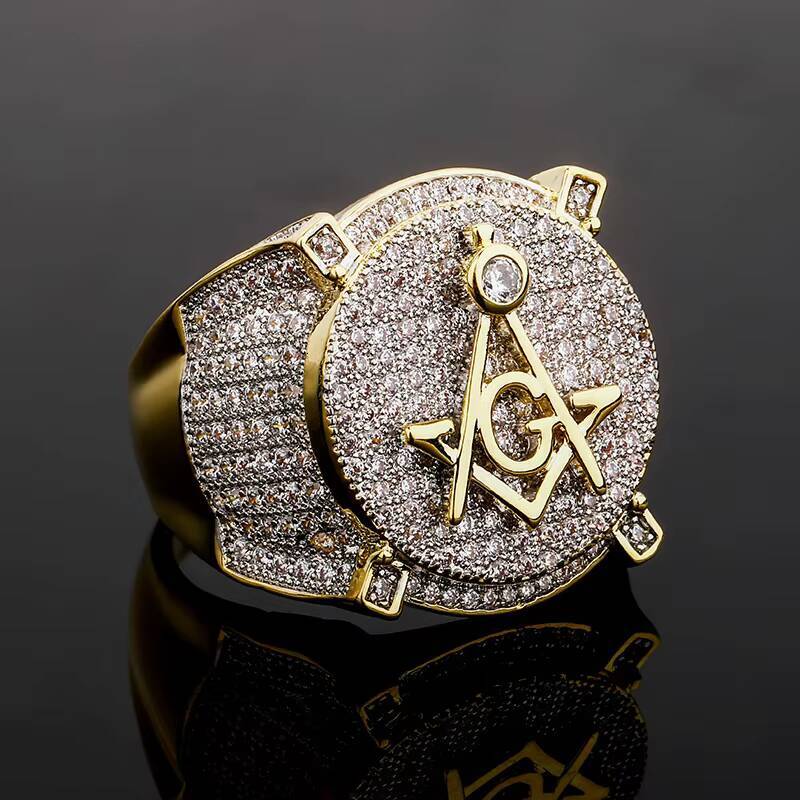 Retro AG Masonic Letter Ring brass ring with 5A zircon stones Gold Plated Natural Stone Personality Hip Hop