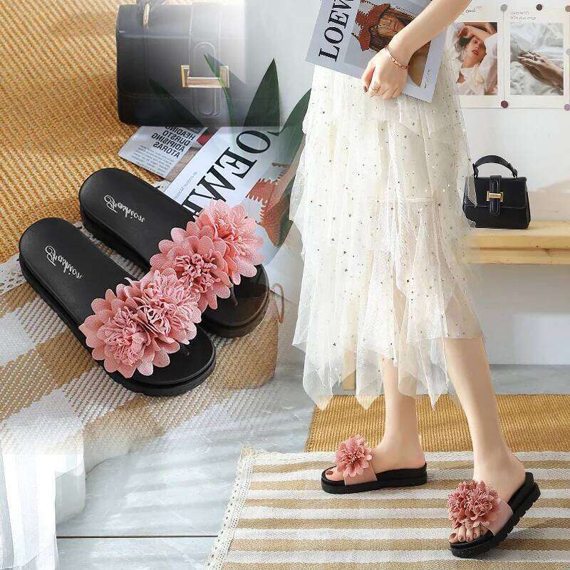 Women's Flower Decor Wedge Slippers 2025 Summer Chunky Platform Sandals Woman Plus Size 43 Non Slip Thick Bottom Beach Slides