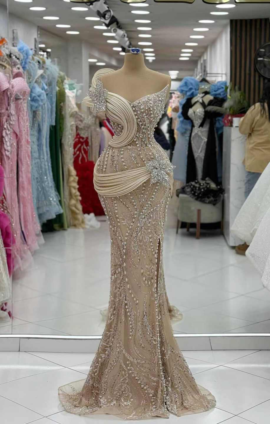 New Mermaid Evening Dresses One-Shoulder Sleeveless Crystals Pearls Prom Party Dresses With Side Slit Customized