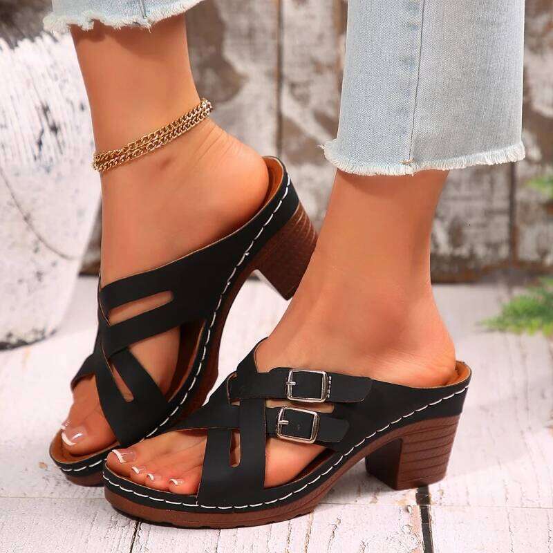 2026 New Women's Hot Selling Fashion Double Buckle Design High Heels Open toed Rubber Sole Non slip Sandals