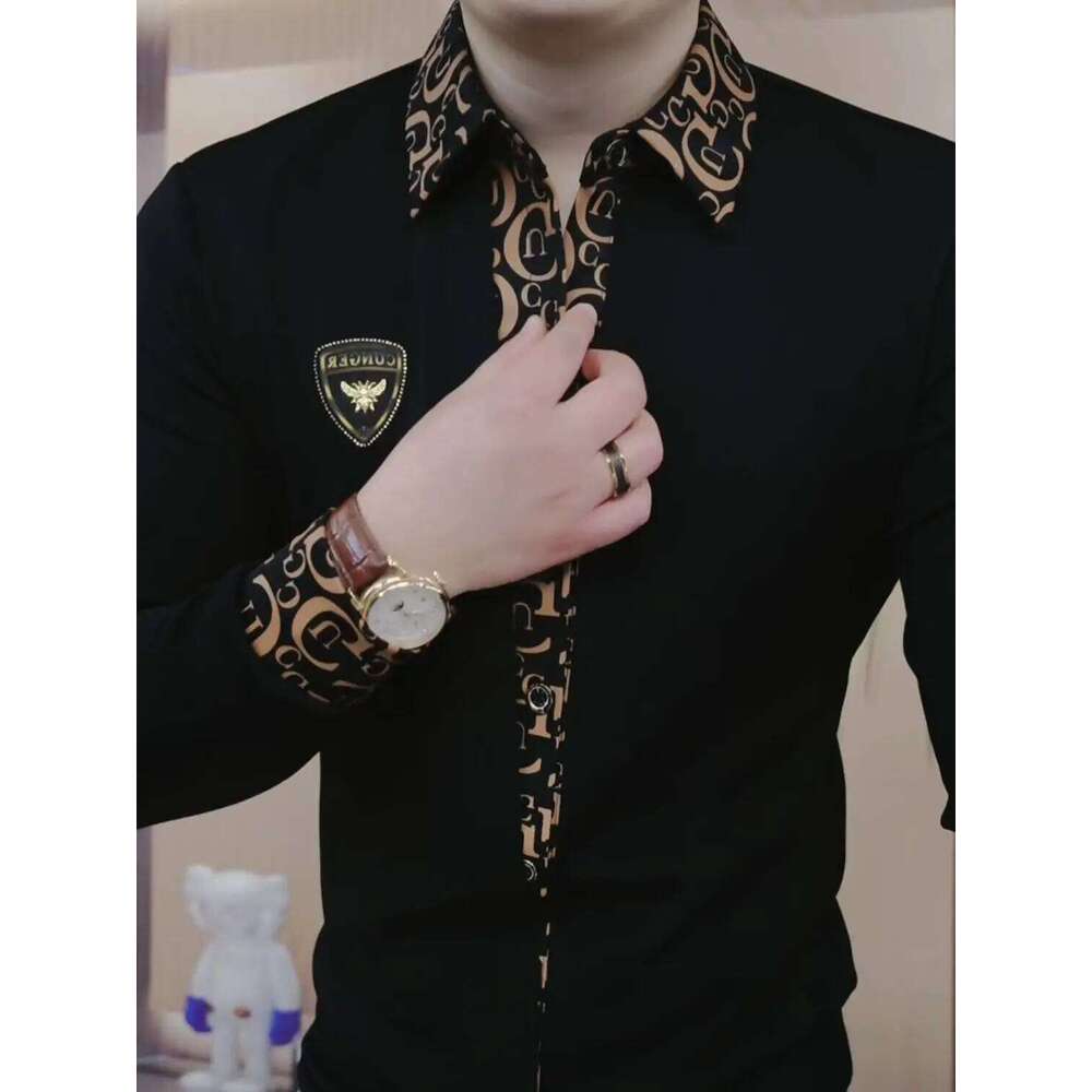 New Men's Light Luxury Handsome Lapel Long Sleeve Korean Version Fake Two Pieces Casual Slim Fit Business Social Shirt