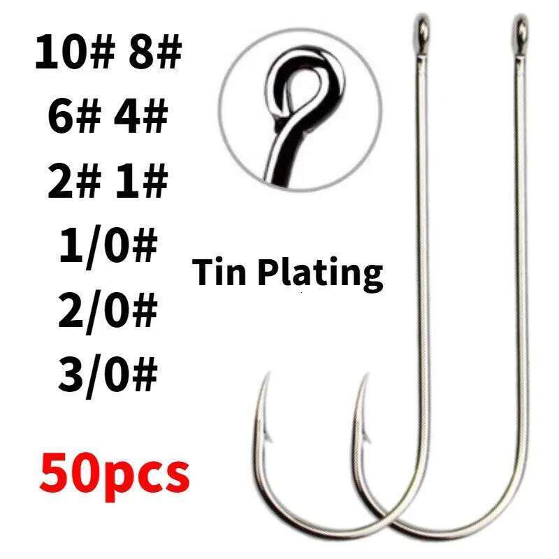 50pcs Long Shank Fishing Hooks Saltwater Tin Plating Circled Fishhooks High Carbon Steel Having Barbs Offshore Angling Lure S260305
