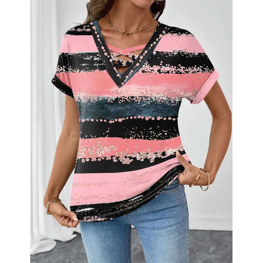 Short Sleeve Shirts Spring for Women 2026 V Neck Designer Criss Cross Tees Womens Summer Tops