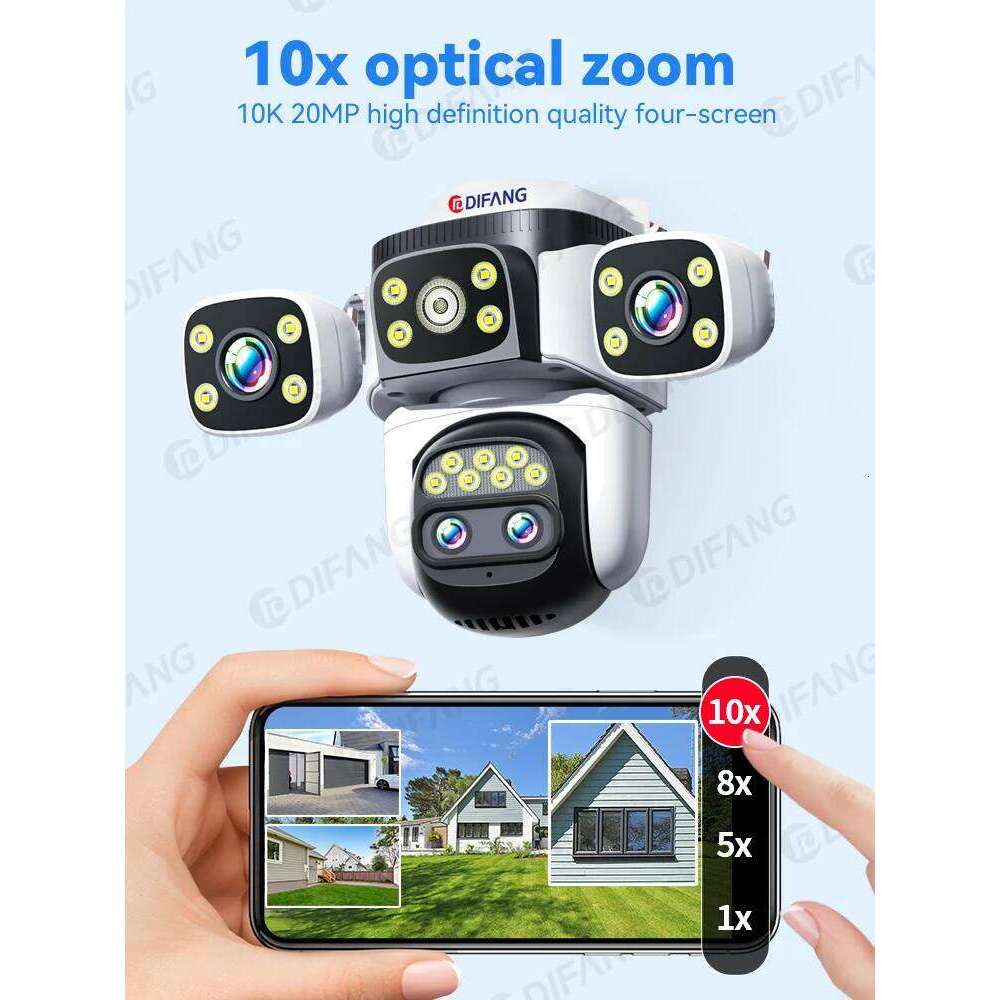Outdoor 10K Optical 10X Zoom 20MP WiFi Four Lens Three Screens PTZ Human Two Way Audio Auto Tracking Security Camera CCTV 26W0306