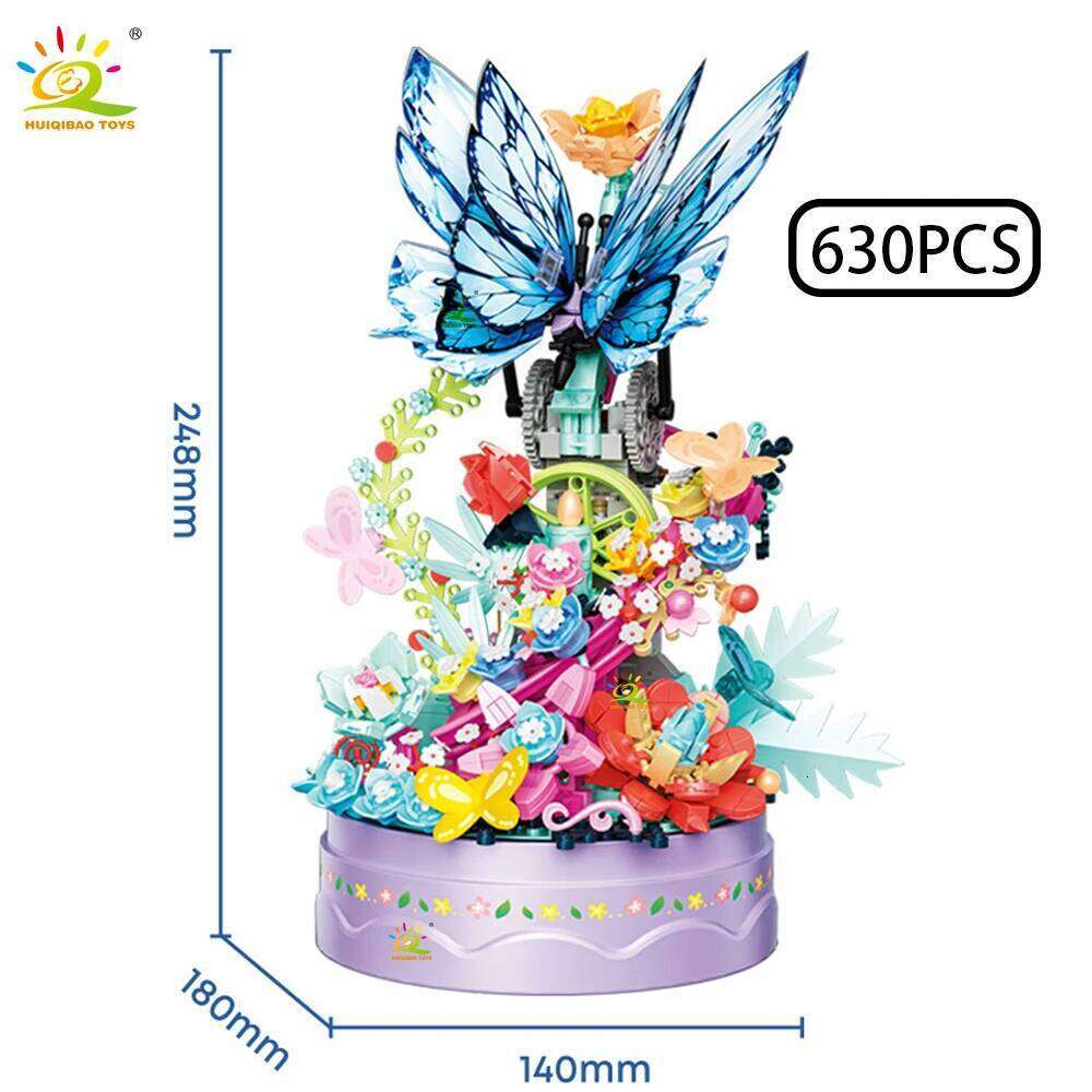 HUIQIBAO 630PCS MOC Butterfly Music box Model Building Block Flower Brick Construction Toy For Children Desk Home Decoration Z260306
