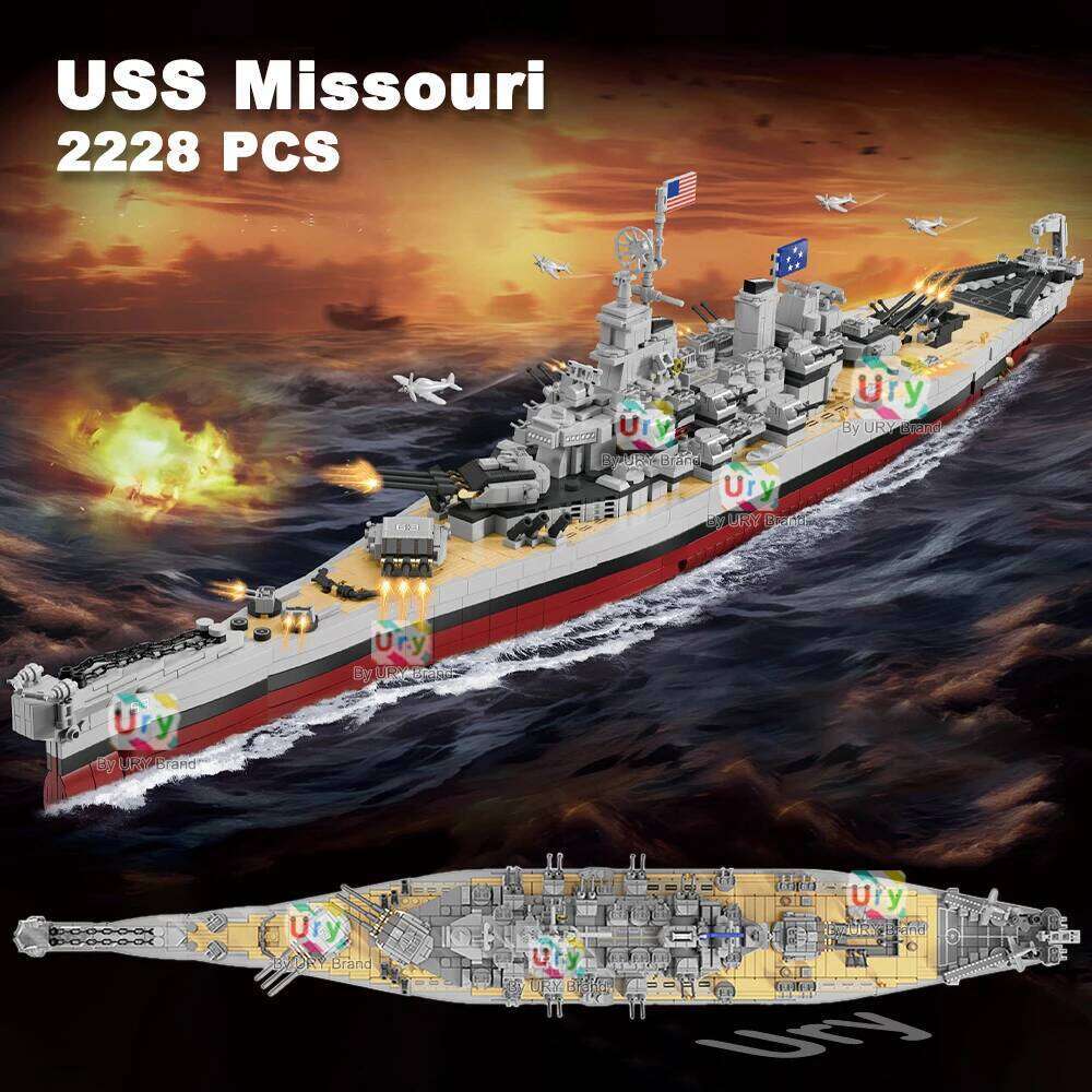 2228pcs Military WW2 Lowa Class USS Missouri Battleship Large Boat Cruiser Model Weapon Building Blocks Warship Toy for Kid Gift Z260306