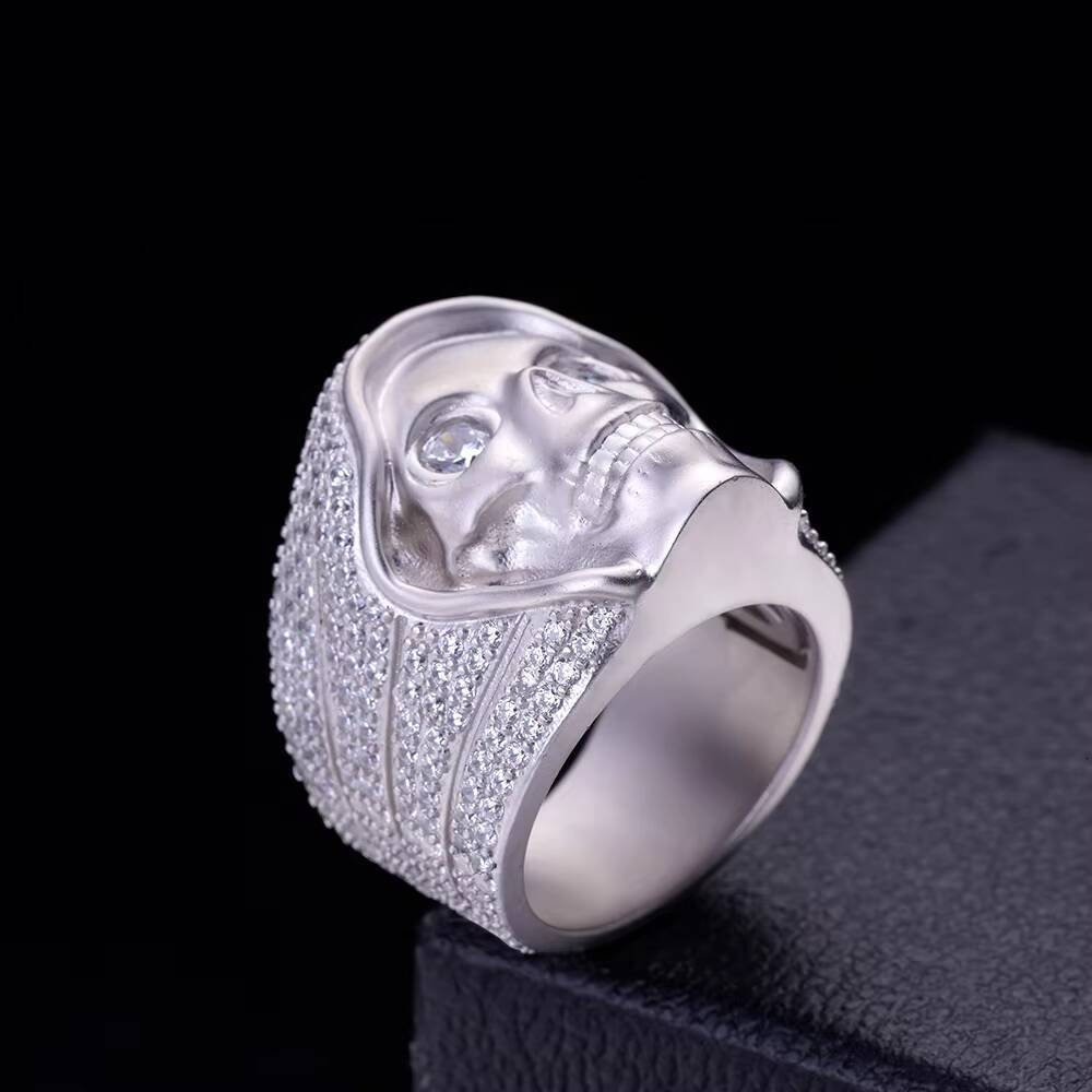Hip Hop Personality Jewelry Retro 14K Gold Plated Iced Out Moissanite Diamond 925 Silver Skeleton Ring for Men