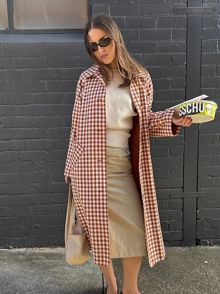 Women Plaid Long Windbreaker Fashion Chic Lapel Single Breasted Pocket Loose Jackets Lady Daily Commuting Street Outerwear 260228