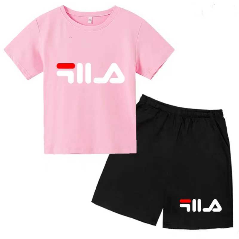 Kids Casual Set 2Pcs, Brand Print T-Shirt & Shorts Set, Boys & Girls Cool Summer Sports Outfits for 3-12YT260306