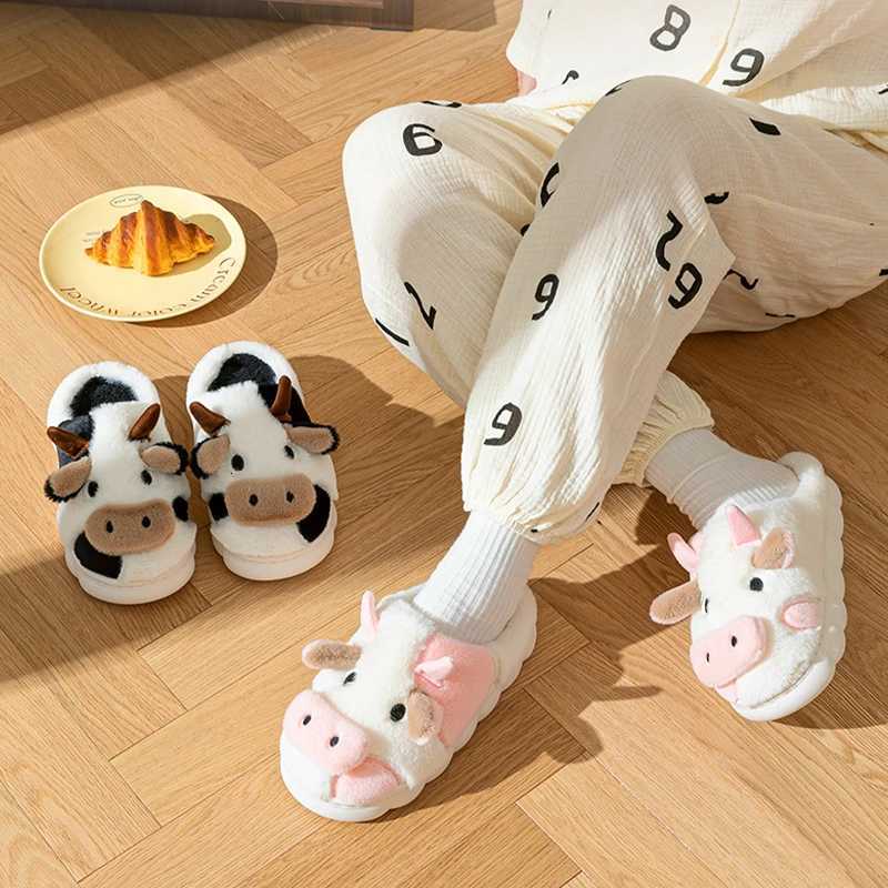 Cute Cow Plush Slippers for Women Men Warm Fuzzy Animal Slippers Indoor Outdoor Cozy Home Shoes S260305