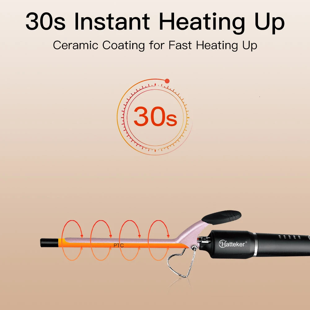 Hatteker 9mm Professional Hair Curler Ceramic Barrel Iron Smart Auto-Off Womens Wet/Dry Constant Temperature Protection Tool 260305